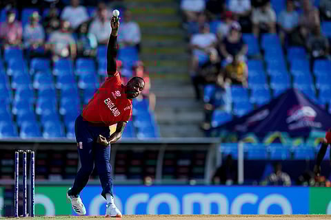 Jofra Archer bowls against Namibia
